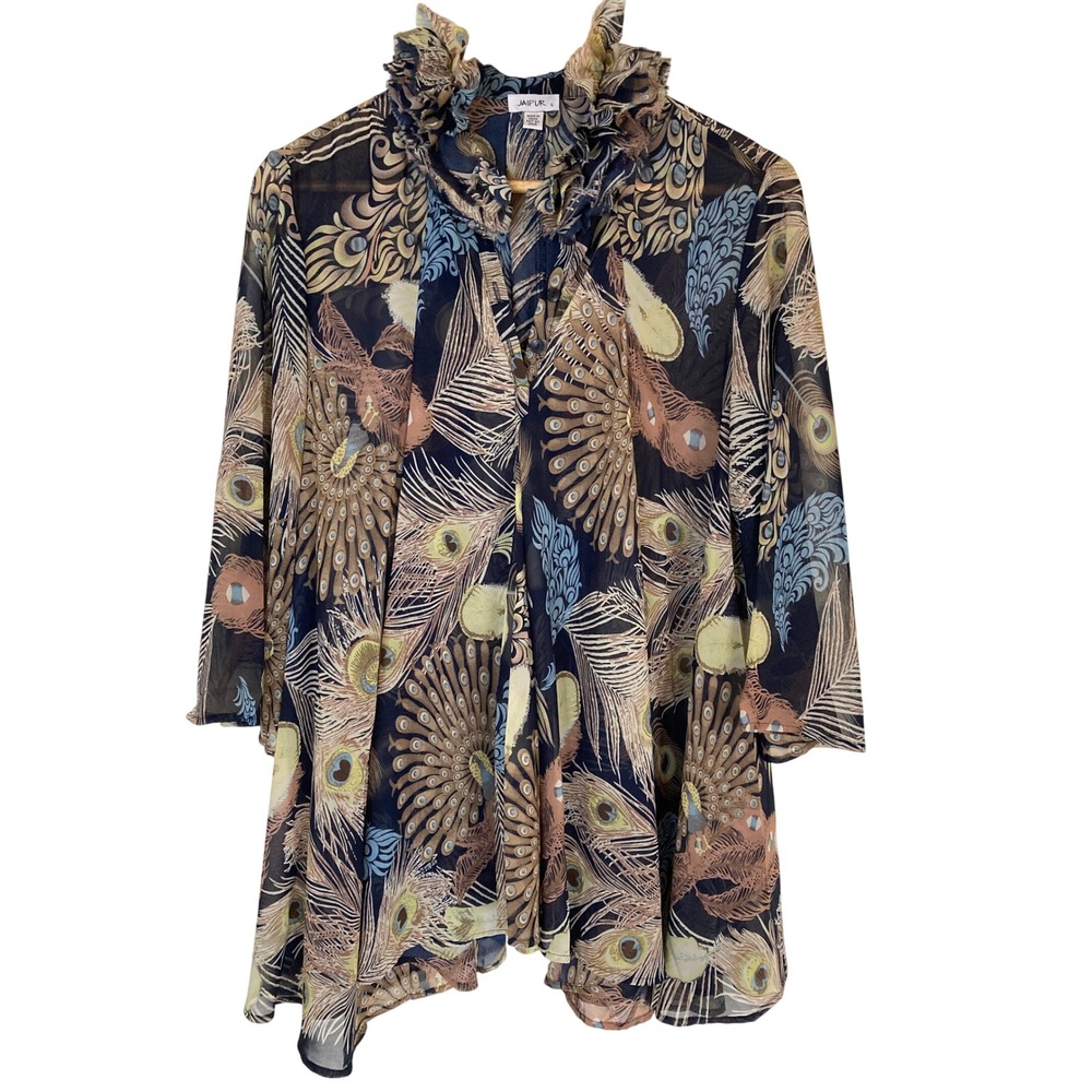 Jaipur Womens Large Peacock Feather Print Ruffle Neck Sheer Chiffon Tunic Top
